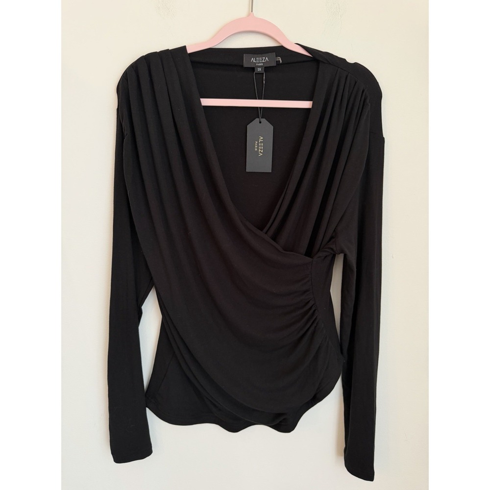 Aleeza Paris Draped Faux Wrap Top Long Sleeve Plus Sz 1X Black Ruching Modal NEW